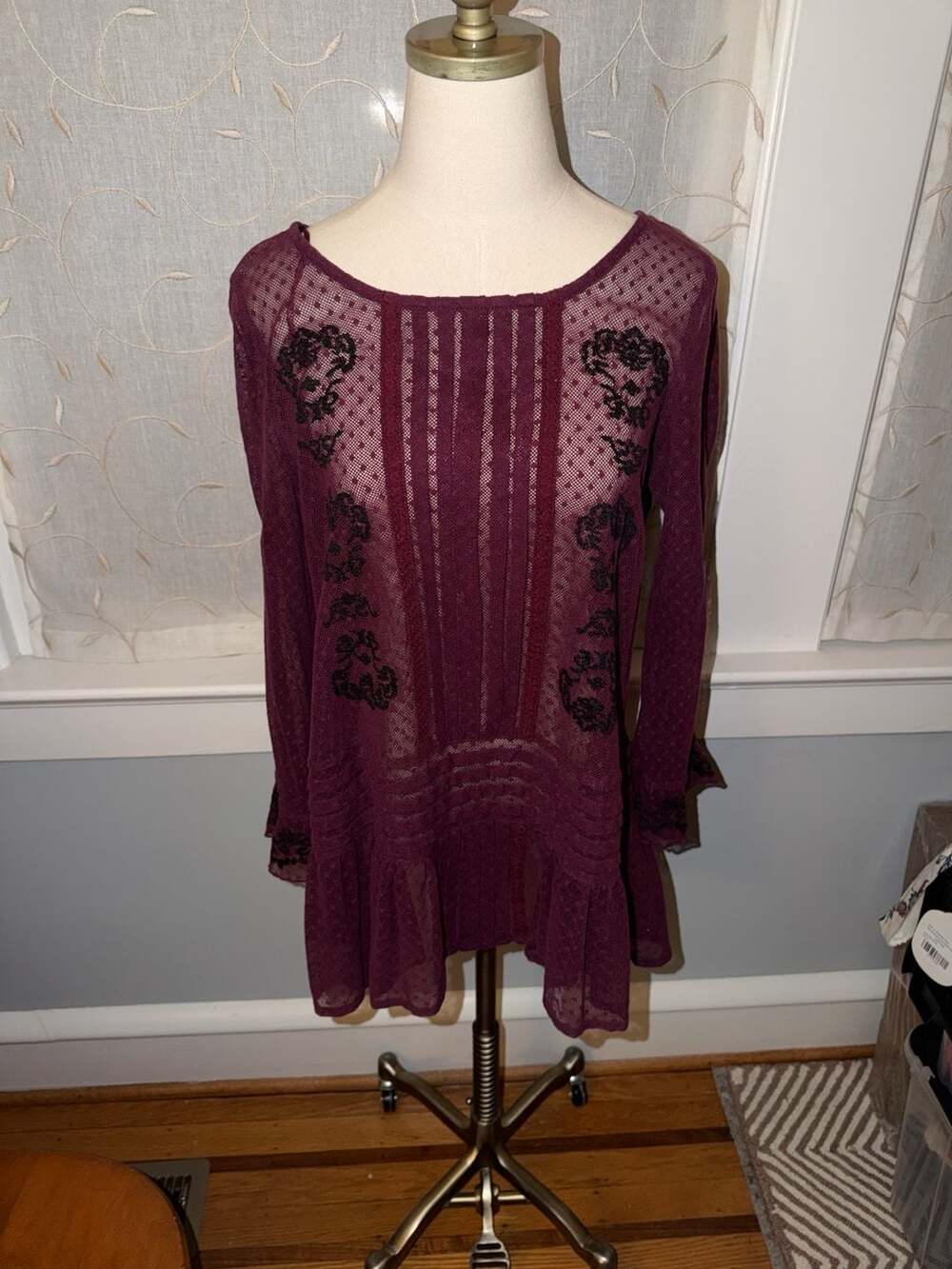 Free People Jocelyn Embroidered Swiss Dot Lace Top Burgundy Size L